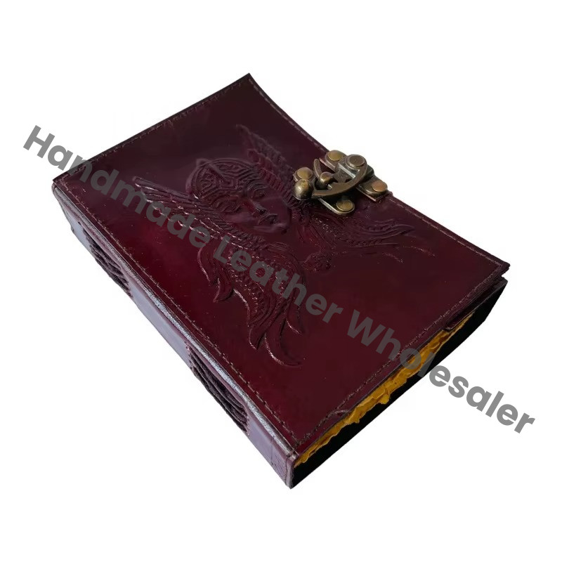 Leather Diary Hardcover Embossed Angel Design Brass Clasp Maroon Color Gift Notebook Gift Sustainable Leather Cute Dairy