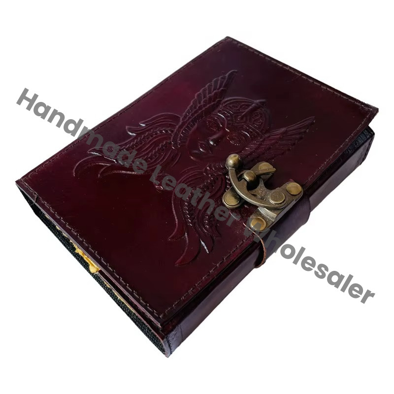 Leather Diary Hardcover Embossed Angel Design Brass Clasp Maroon Color Gift Notebook Gift Sustainable Leather Cute Dairy