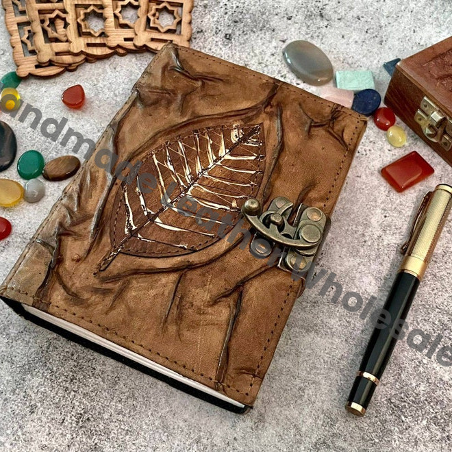 Leather Grimoire Journal: Antique Leaf Embossed Book of Shadows