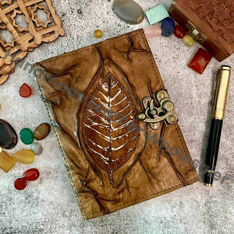 Leather Grimoire Journal: Antique Leaf Embossed Book of Shadows