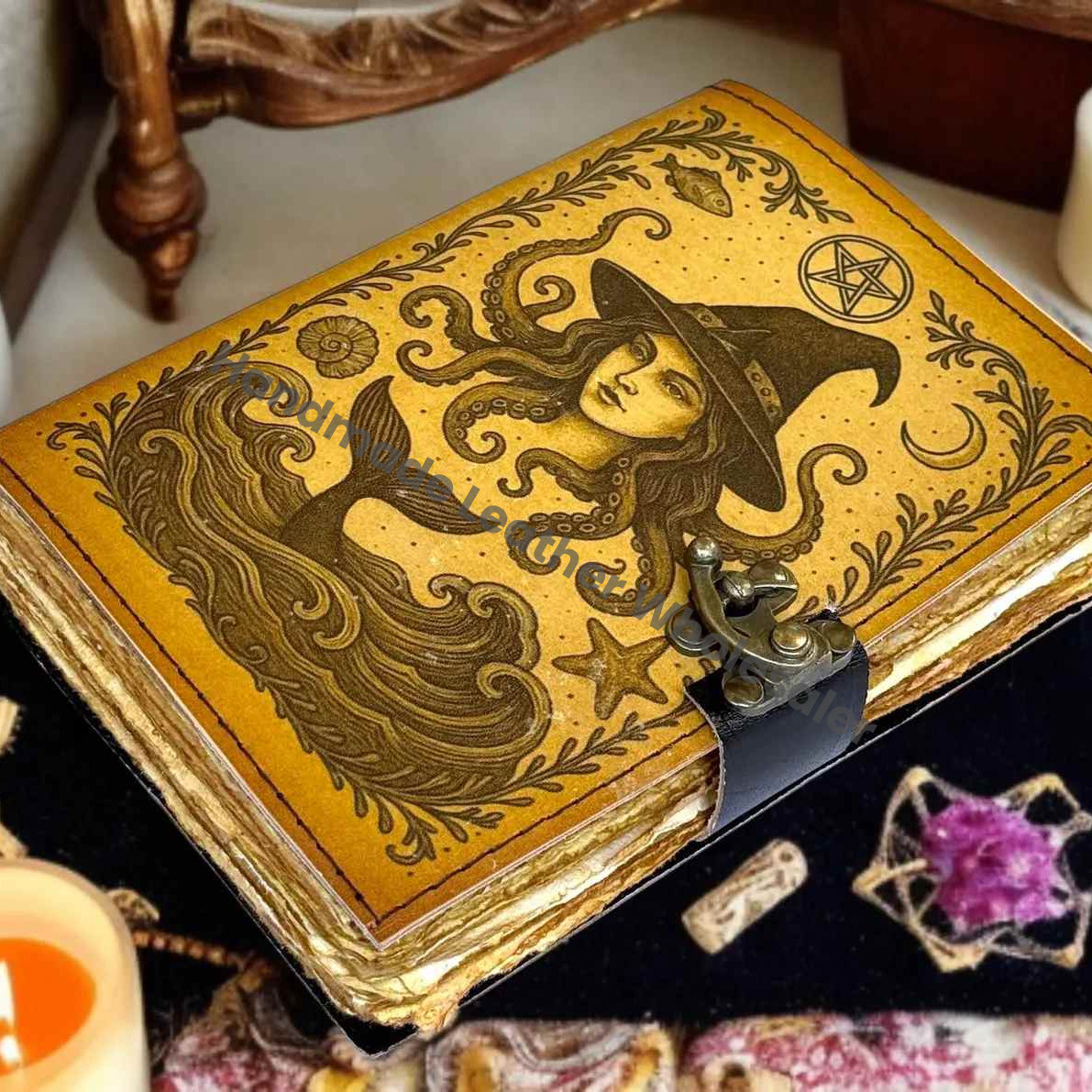 Leather Grimoire Journal - Book of Spells, Deckle Edge Paper