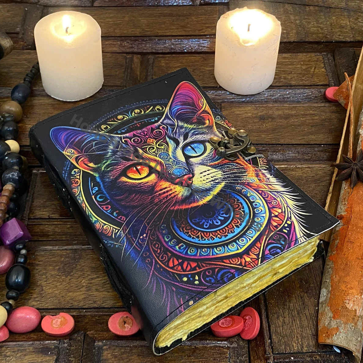 Leather Grimoire Journal: Celtic Cat Print, Deckle Edge Paper