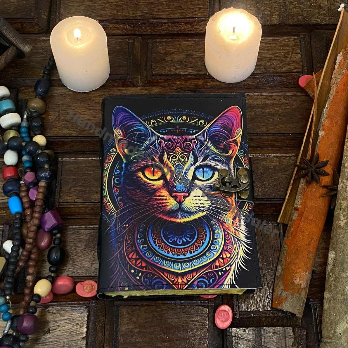 Leather Grimoire Journal: Celtic Cat Print, Deckle Edge Paper