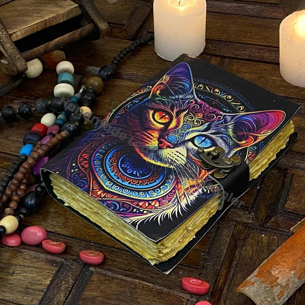 Leather Grimoire Journal: Celtic Cat Print, Deckle Edge Paper