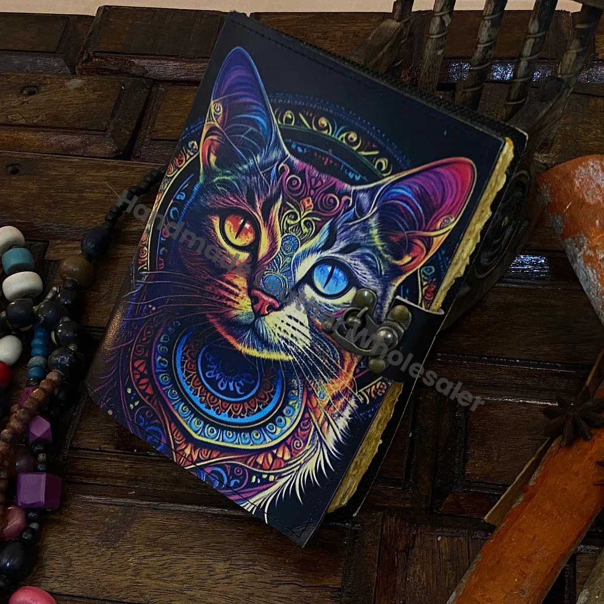 Leather Grimoire Journal: Celtic Cat Print, Deckle Edge Paper