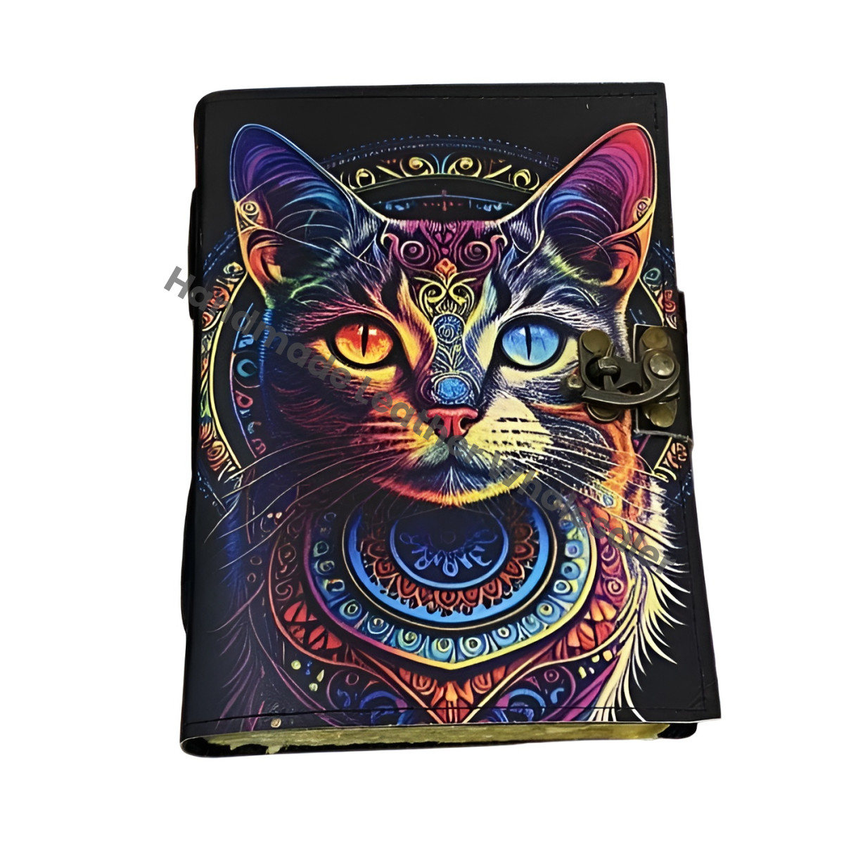 Leather Grimoire Journal: Celtic Cat Print, Deckle Edge Paper