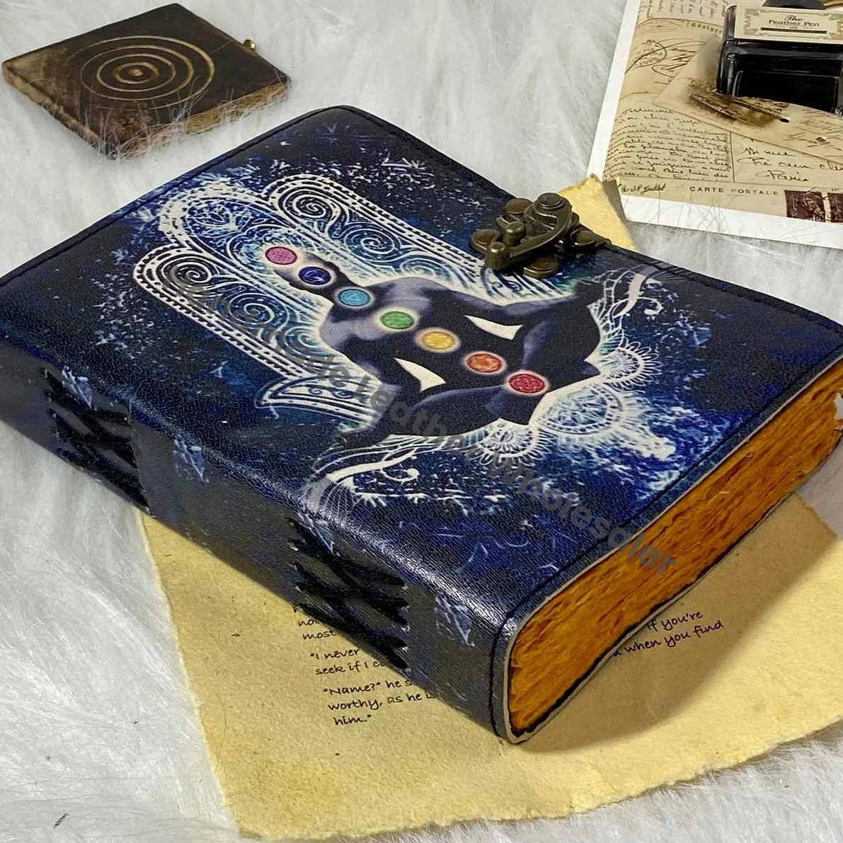 Leather Grimoire Journal: Chakra Hamsa Hand Book of Shadows Blank book