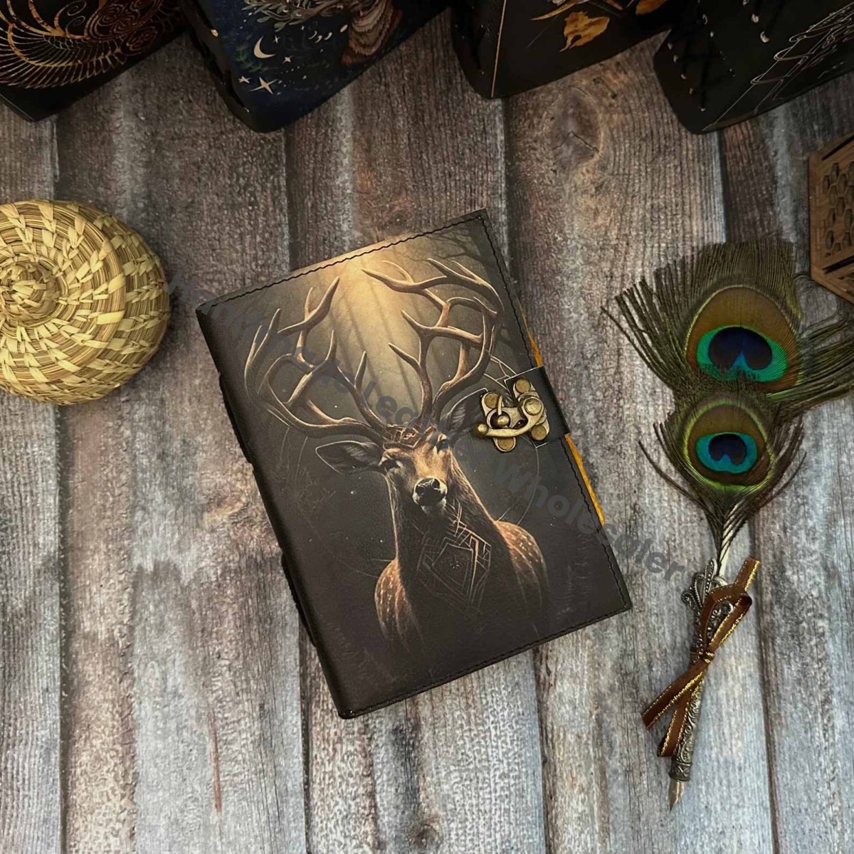Leather Grimoire Journal - Deer Print Notebook, Blank Book of Shadows, Wiccan Spell book