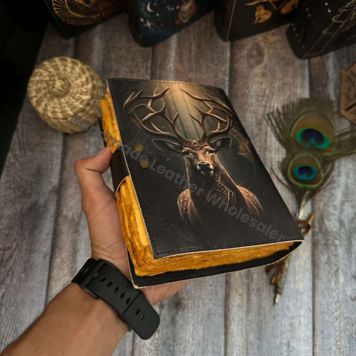 Leather Grimoire Journal - Deer Print Notebook, Blank Book of Shadows, Wiccan Spell book
