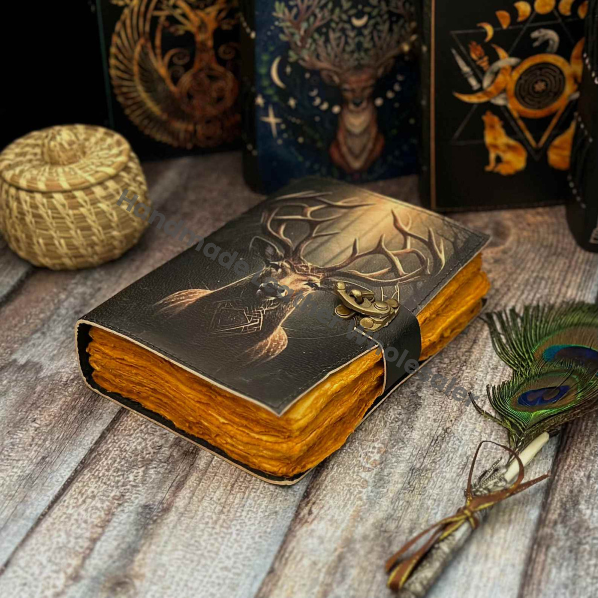 Leather Grimoire Journal - Deer Print Notebook, Blank Book of Shadows, Wiccan Spell book