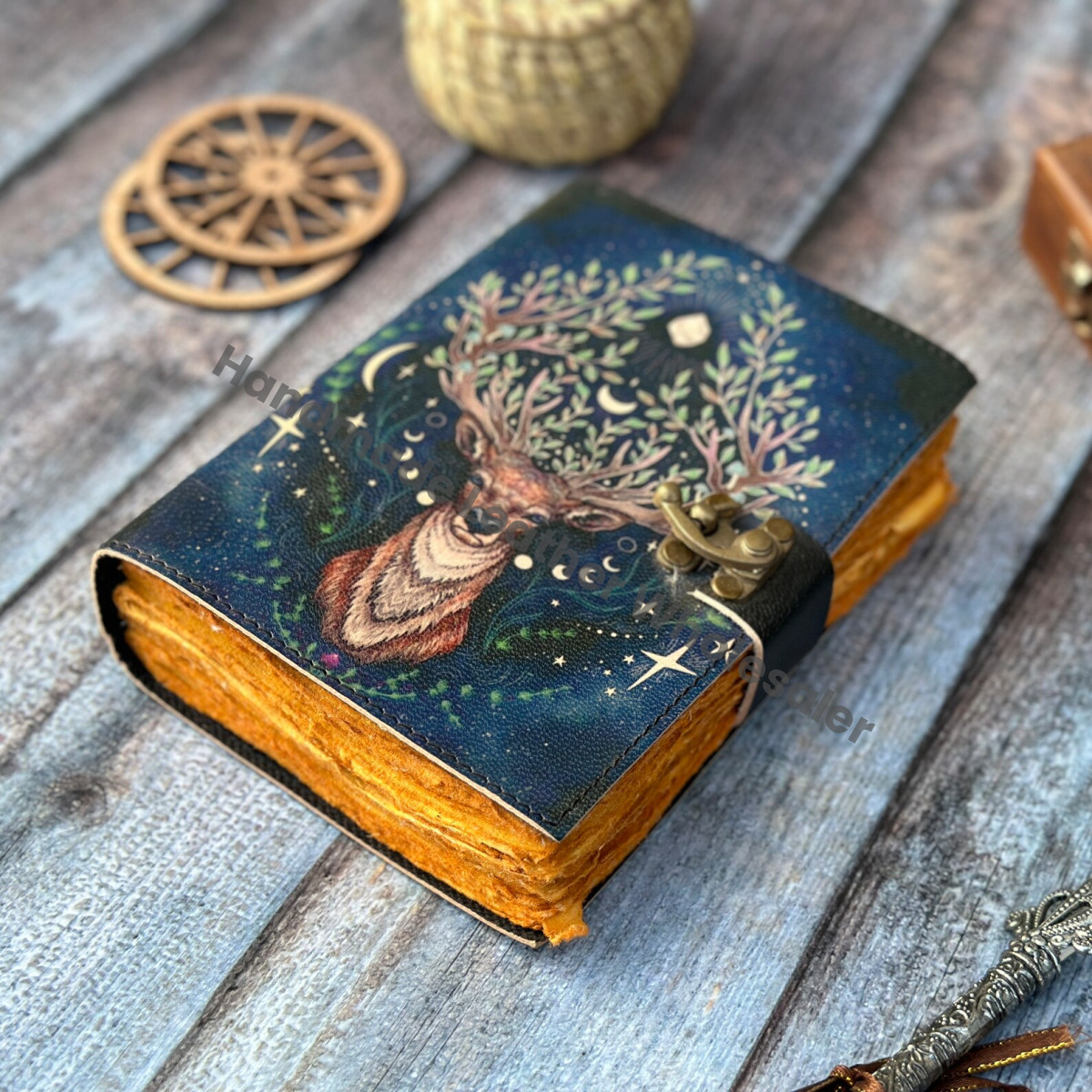 Leather Grimoire Journal: Deer Print Spell Book with Deckle Edge Paper