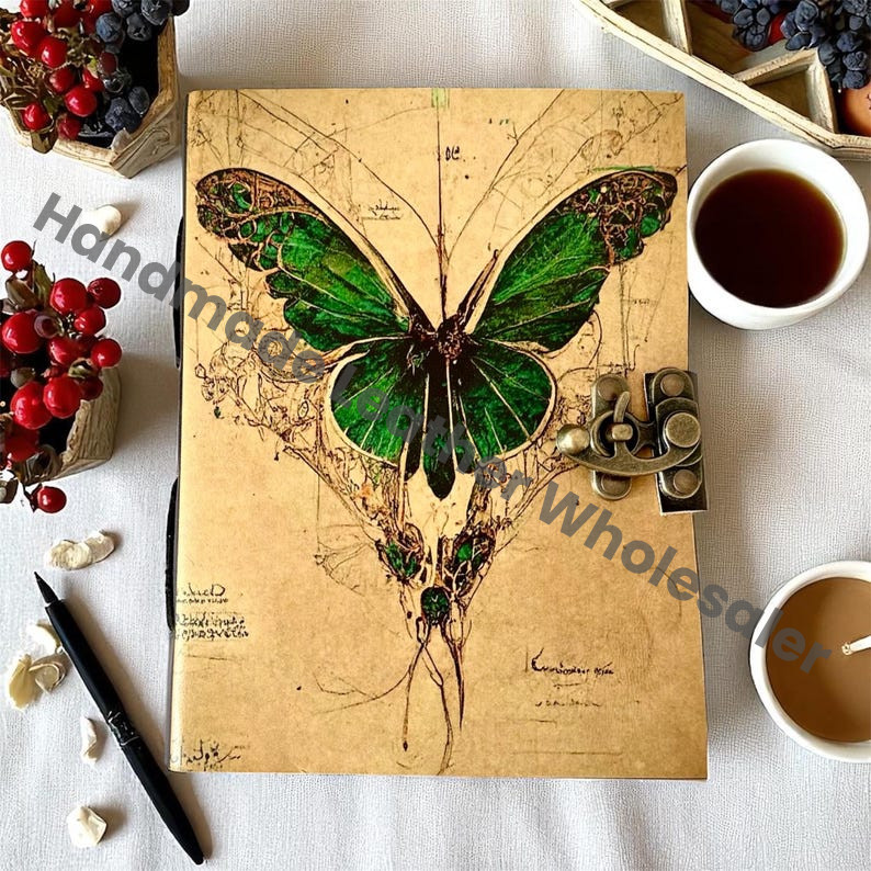 Leather Grimoire Journal – Luna Moth Book of Shadows, Witchcraft Spellbook, Wiccan Pagan Gothic Witchy Magic Diary Gift, Handemade