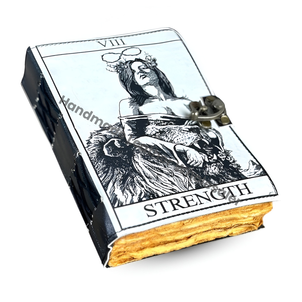 Leather Grimoire Journal: Strength Tarot Print, Blank Book of Shadows