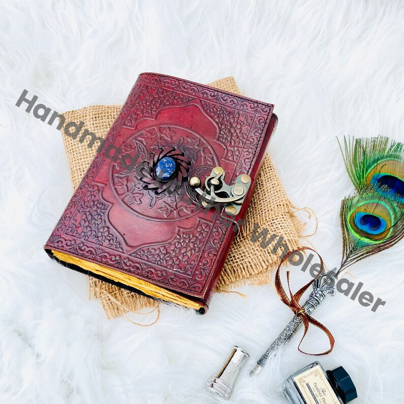 Leather Grimoire Journal: Third Eye Lapis Lazuli Stone, Book of Shadows