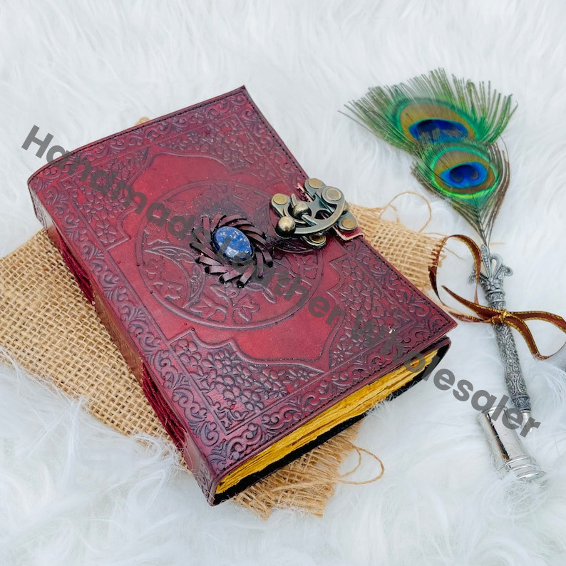 Leather Grimoire Journal: Third Eye Lapis Lazuli Stone, Book of Shadows