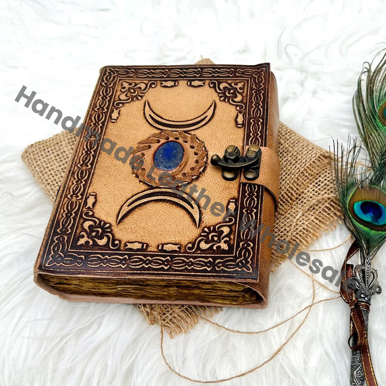 Leather Grimoire Journal: Third Eye Lapis Lazuli Stone, Triple Moon Book