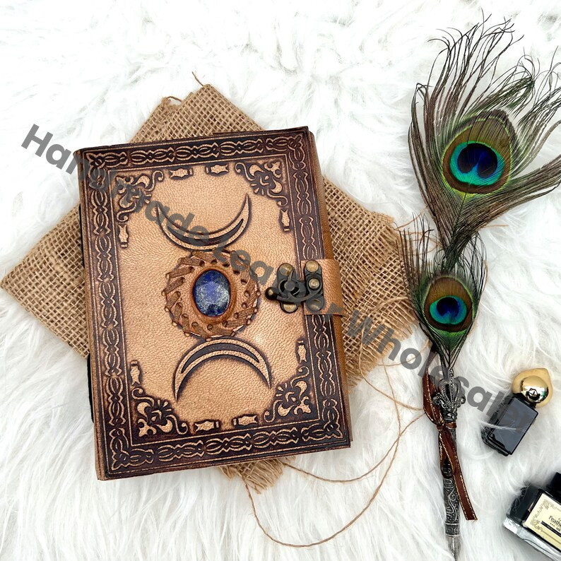 Leather Grimoire Journal: Third Eye Lapis Lazuli Stone, Triple Moon Book
