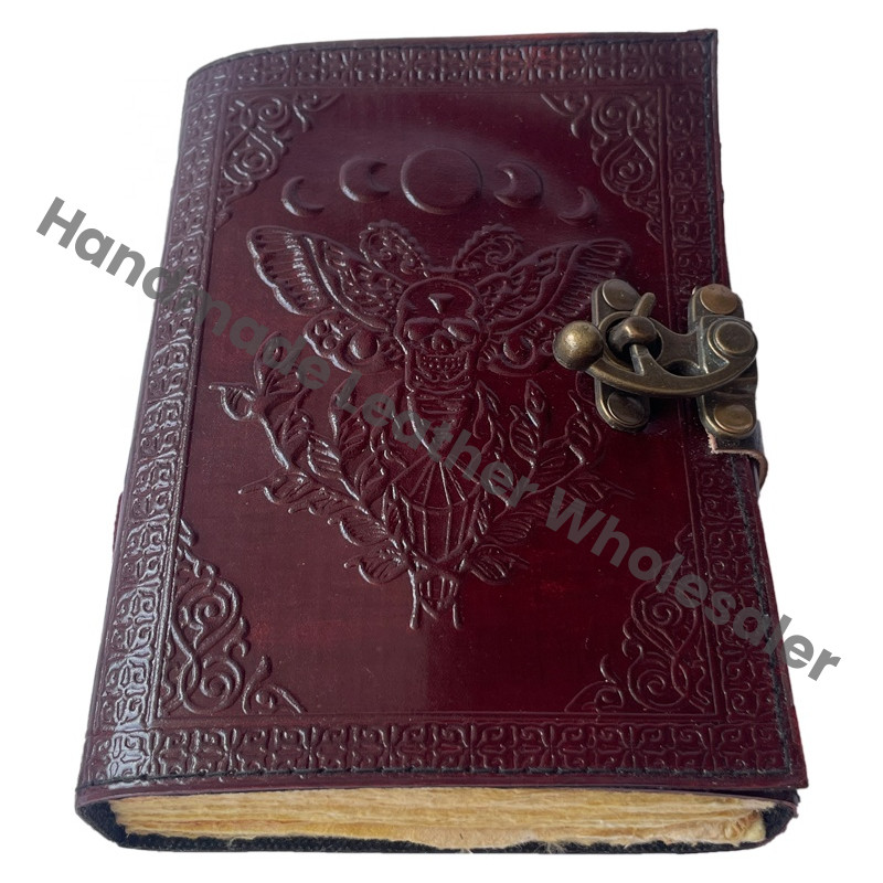Leather Handmade Deckle Edge Paper Brown Antique Book Spell Charmed Sun Moon Moth Embossed Vintage Spiral Gift Sketchbook