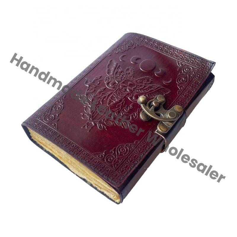 Leather Handmade Deckle Edge Paper Brown Antique Book Spell Charmed Sun Moon Moth Embossed Vintage Spiral Gift Sketchbook