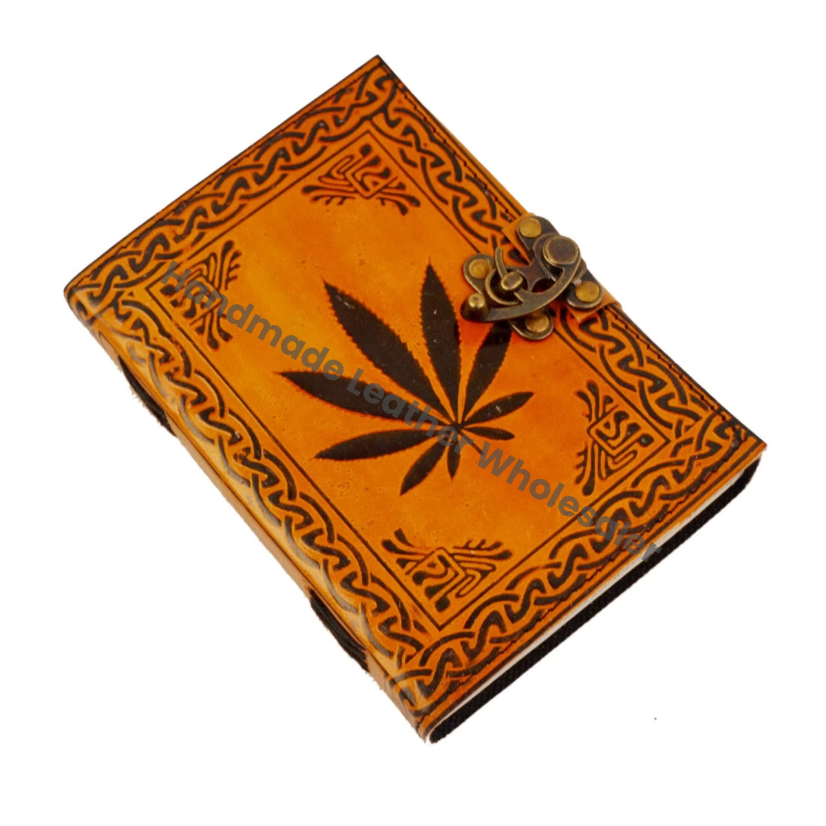 Leather Hardcover Diary Orange with Black Leaf Design Vintage Style Sewing Binding Journal for Women Sketchbook