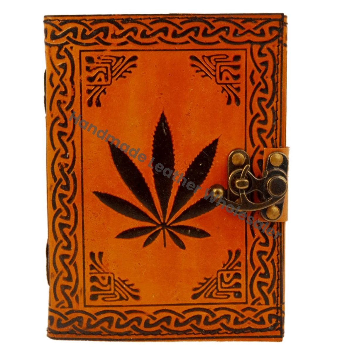 Leather Hardcover Diary Orange with Black Leaf Design Vintage Style Sewing Binding Journal for Women Sketchbook