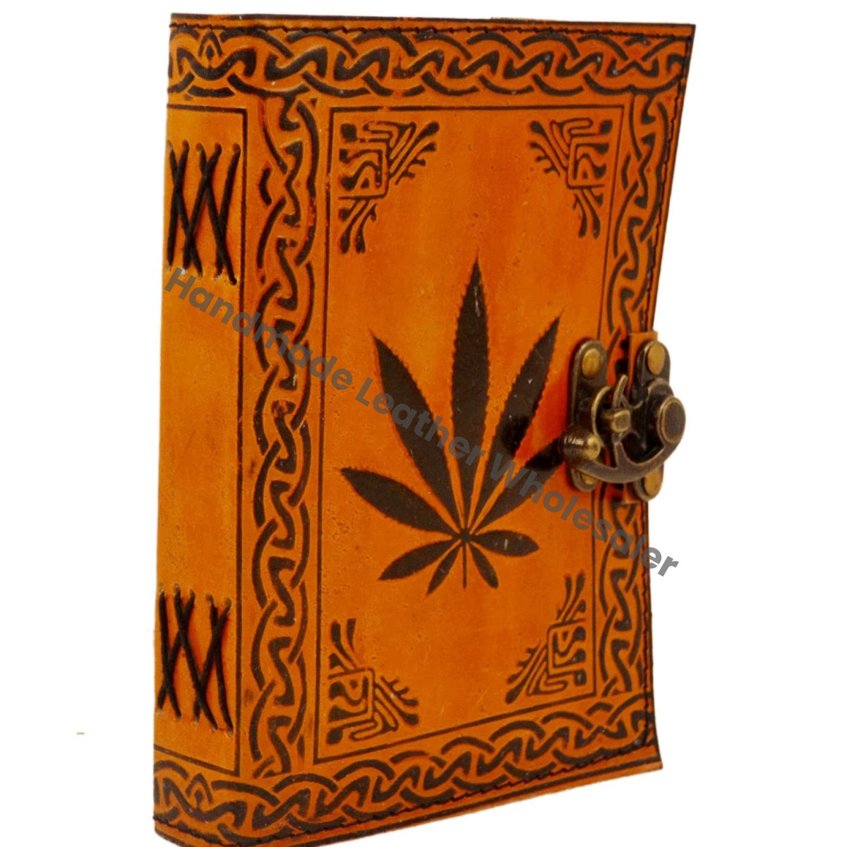 Leather Hardcover Diary Orange with Black Leaf Design Vintage Style Sewing Binding Journal for Women Sketchbook