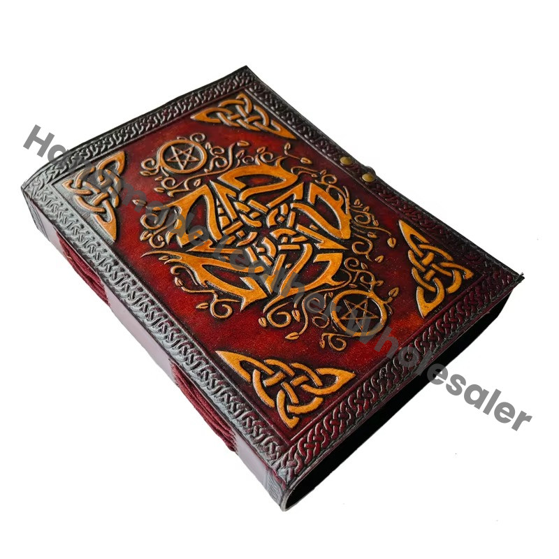 Leather Hardcover Diary with Celtic Knot Design and Pentagram Embossing Red Cover Sewing Binding Gift Option Recycled Genuine
