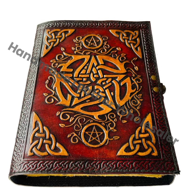 Leather Hardcover Diary with Celtic Knot Design and Pentagram Embossing Red Cover Sewing Binding Gift Option Recycled Genuine