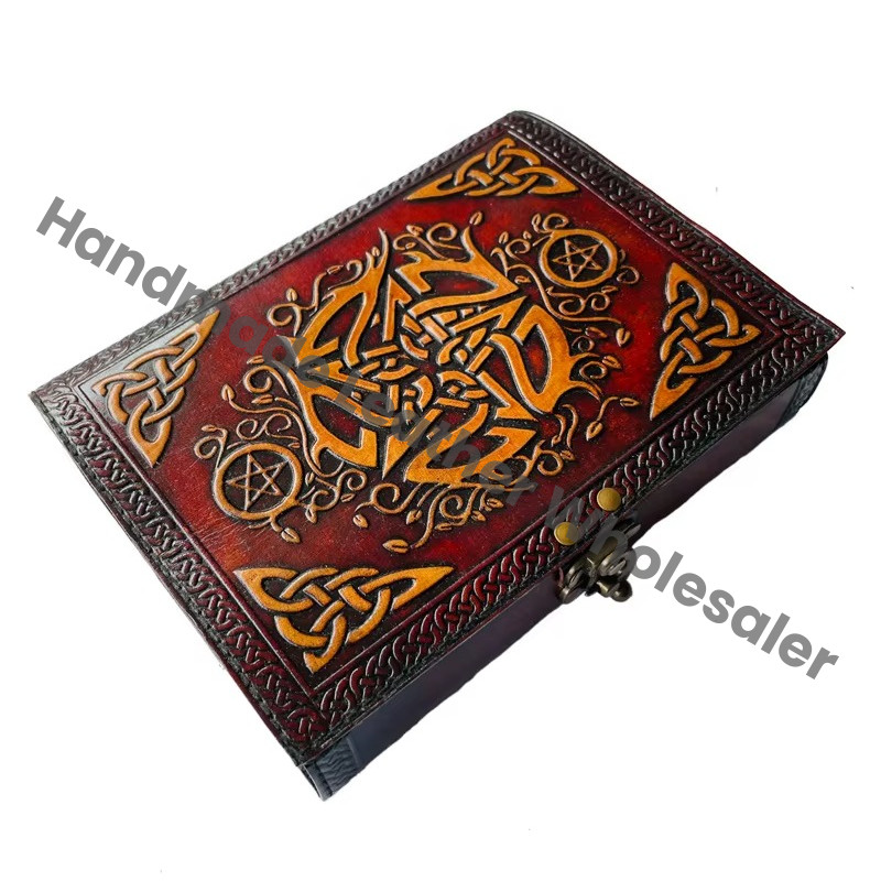 Leather Hardcover Diary with Celtic Knot Design and Pentagram Embossing Red Cover Sewing Binding Gift Option Recycled Genuine