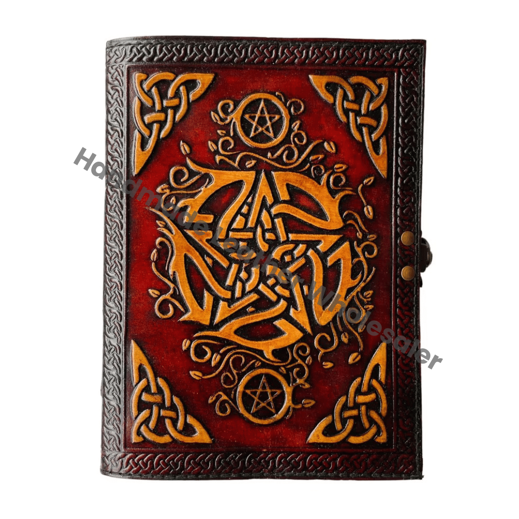 Leather Hardcover Diary with Celtic Knot Design and Pentagram Embossing Red Cover Sewing Binding Gift Option Recycled Genuine