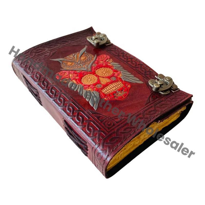 Leather Hardcover Diary With Sugar Skull And Owl Embossing Red Color Metal Clasp Gift Journal Perfect Gift