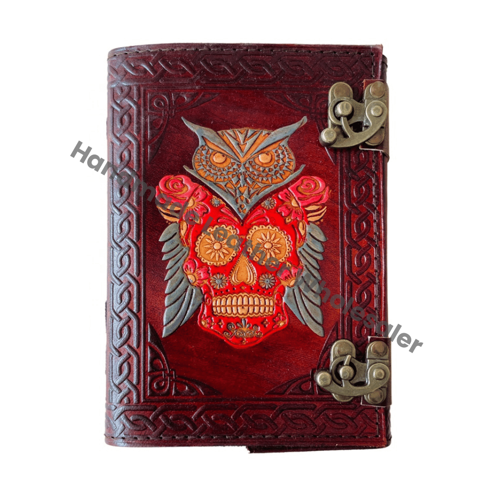 Leather Hardcover Diary With Sugar Skull And Owl Embossing Red Color Metal Clasp Gift Journal Perfect Gift