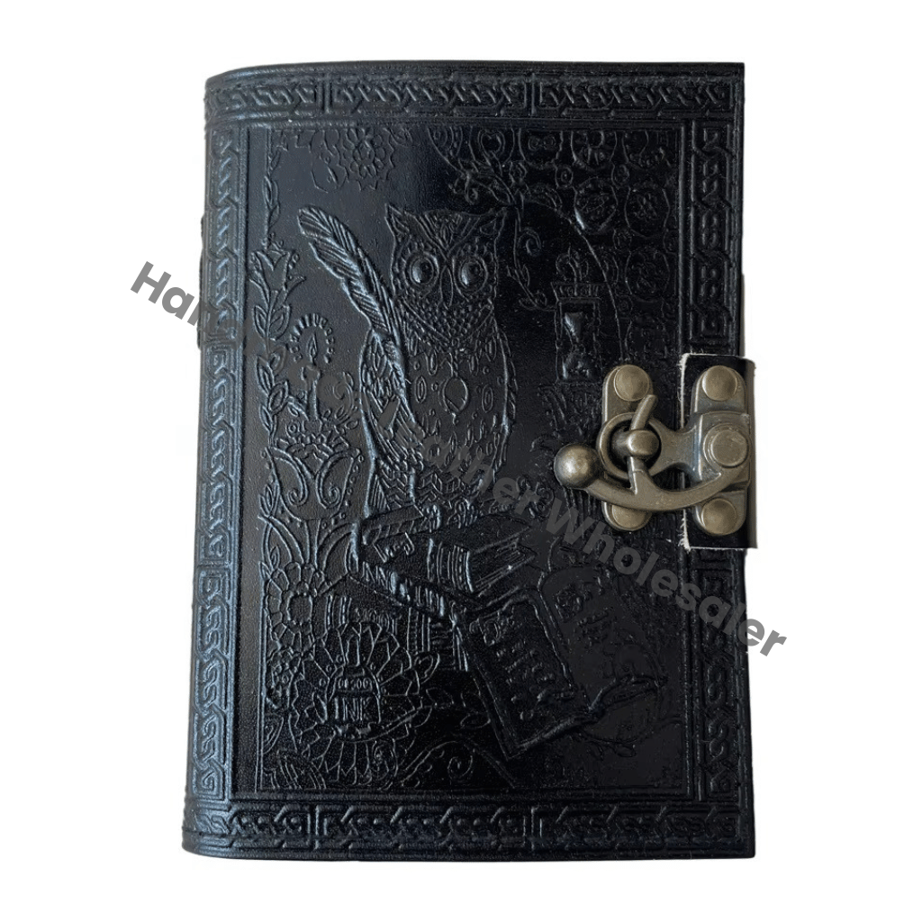 Leather Hardcover Journal Antique Embossed Lock Black Guest Book Owl Personal Organizer Handmade Recyclable Paper Gift Notebooks
