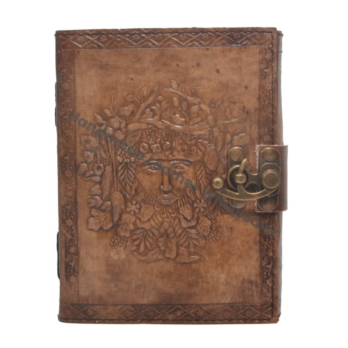 Leather Hardcover Journal Embossed Green Man Design Brass Clasp Diary Gift Notebook Embossed Charcoal Leather Hardcover Journal