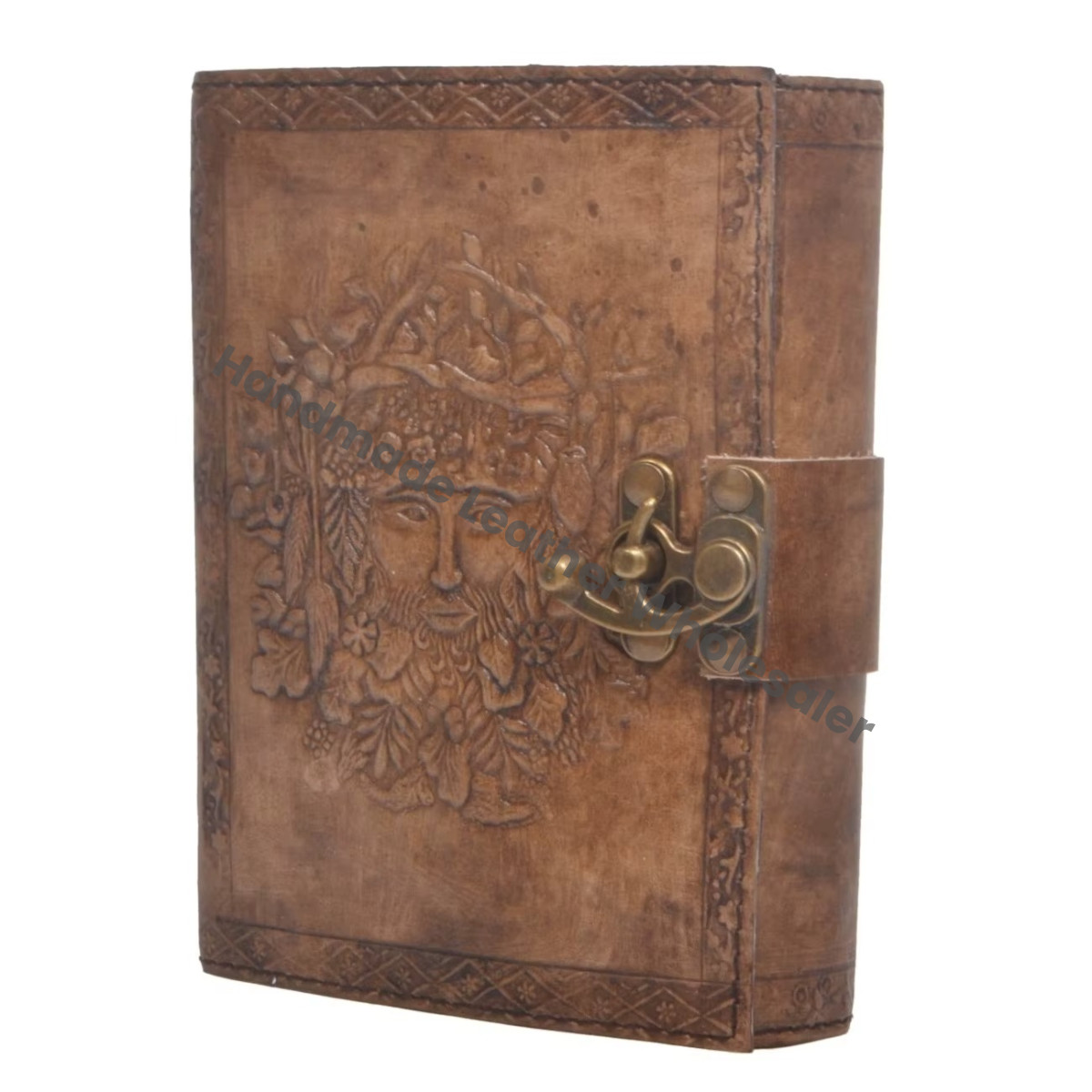 Leather Hardcover Journal Embossed Green Man Design Brass Clasp Diary Gift Notebook Embossed Charcoal Leather Hardcover Journal