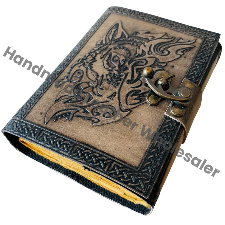 Leather Hardcover Journal Traveler Diary Custom Sketchbook Celtic Magical Wolf Face Notebook Gift Vintage Handmade Recyclable
