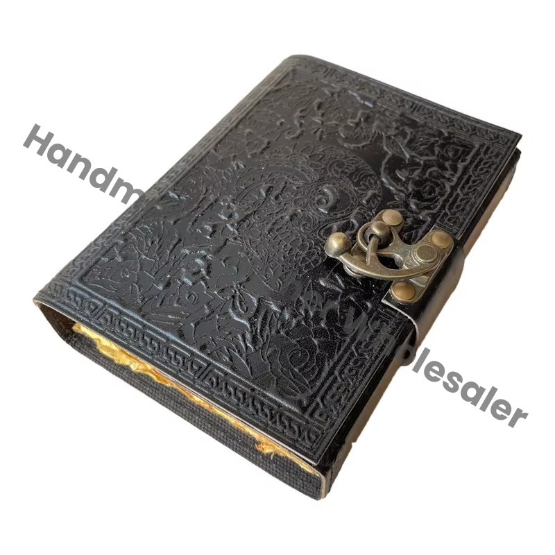 Leather Journal Antique Embossed with Lock Skull Black Guest Book Handmade Paper Gift Him Day Personal Organizer Notebooks Diary