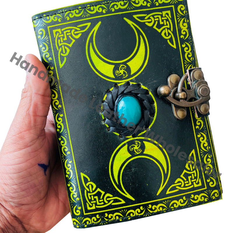 Leather Journal Blue Green Triple Moon Goddess Spell Book Shadows Grimoire Deckle Edge Paper Spiritual Wicca Craft Vintage