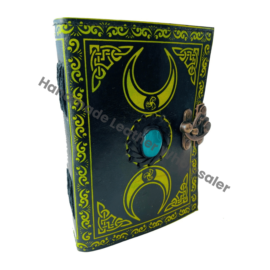 Leather Journal Blue Green Triple Moon Goddess Spell Book Shadows Grimoire Deckle Edge Paper Spiritual Wicca Craft Vintage
