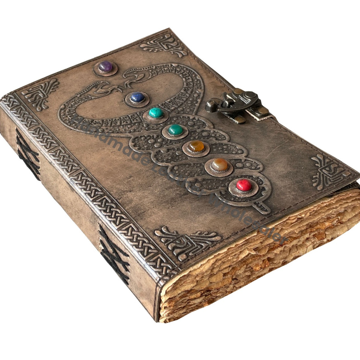 Leather Journal Book of Shadows Double Snake With 7 Stone Antique Design Unlined Deckle Edge Paper, Leather Blank Book