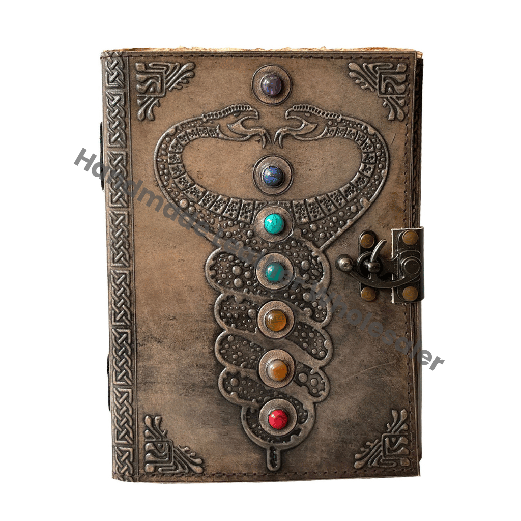 Leather Journal Book of Shadows Double Snake With 7 Stone Antique Design Unlined Deckle Edge Paper, Leather Blank Book
