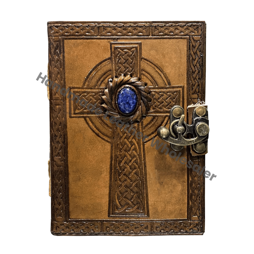 Leather Journal Diary Embossed Celtic Cross With Royal Blue Lapis Lazuli Gemstone Stone Handmade Notebook & Sketchbook Vintage C