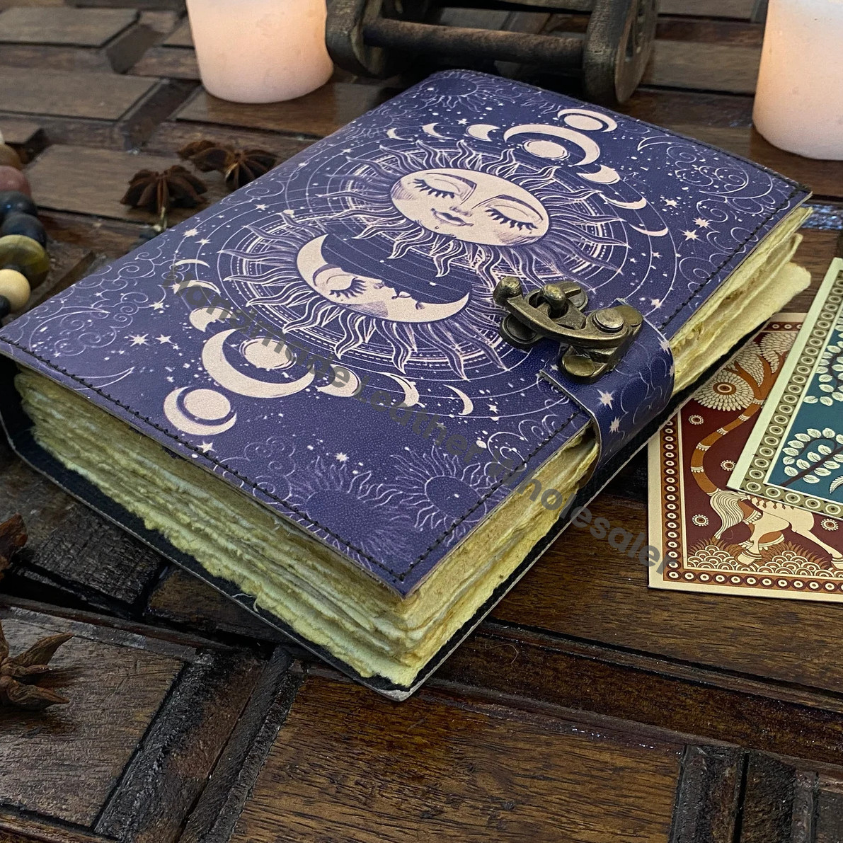 Leather Journal Sun and Moon Phase Notebook spell book of Shadows Grimoire journal Handmade Journal With Deckle Edge Paper Brass C lock