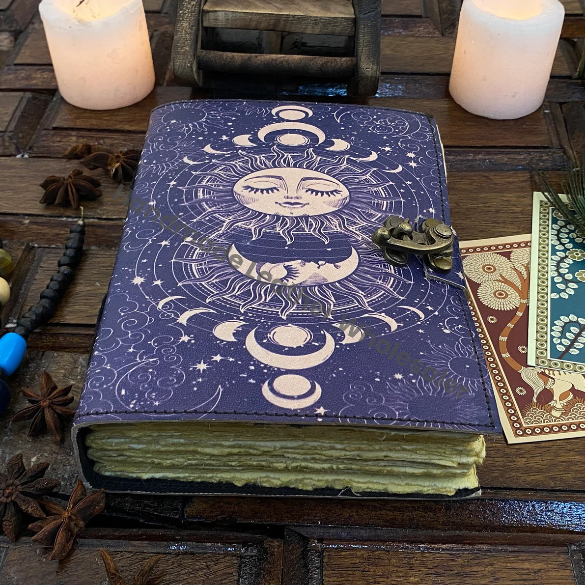 Leather Journal Sun and Moon Phase Notebook spell book of Shadows Grimoire journal Handmade Journal With Deckle Edge Paper Brass C lock