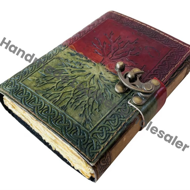 Leather Journal Tree of Life Hand Embossed Design Spiral Binding Notebook Diary Sketchbook Brass Clasp Lock Organizer Gift