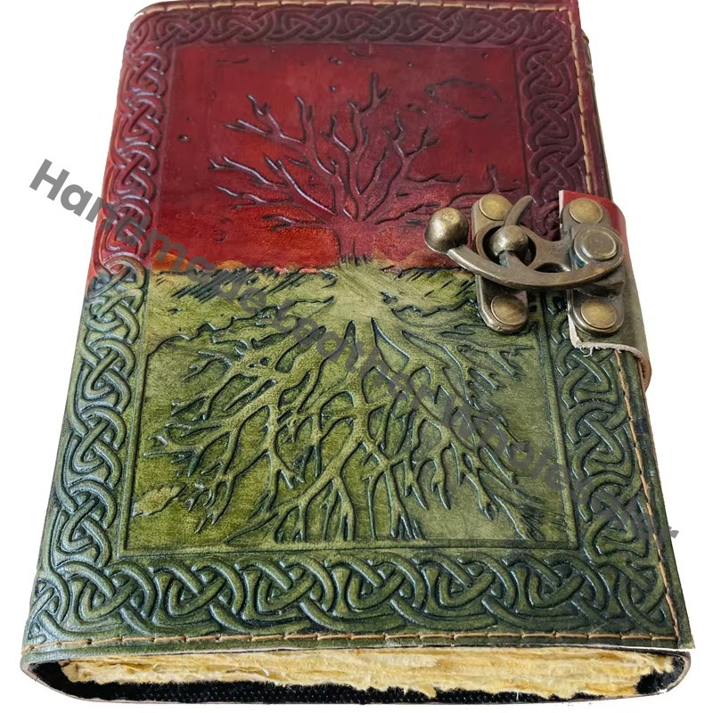 Leather Journal Tree of Life Hand Embossed Design Spiral Binding Notebook Diary Sketchbook Brass Clasp Lock Organizer Gift
