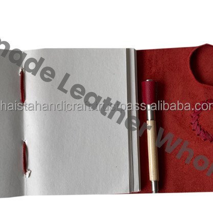 Leather Journal Writing Notebook Thermal Binding with Stone Red Color Handmade Daily Notepad for Men Women Unlined Paper Gift