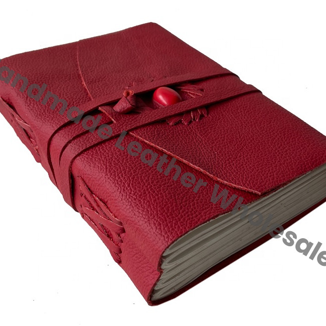 Leather Journal Writing Notebook Thermal Binding with Stone Red Color Handmade Daily Notepad for Men Women Unlined Paper Gift