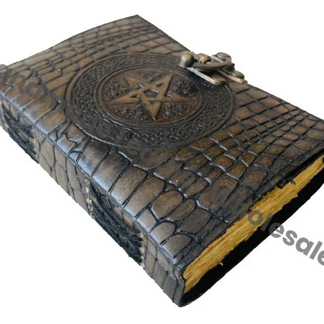 Leather Pentagram Women Vintage Book Shadows Magic Spell Wiccan Crocodile Print Deckle Old Pages Journal Celtic Blank Gift Paper