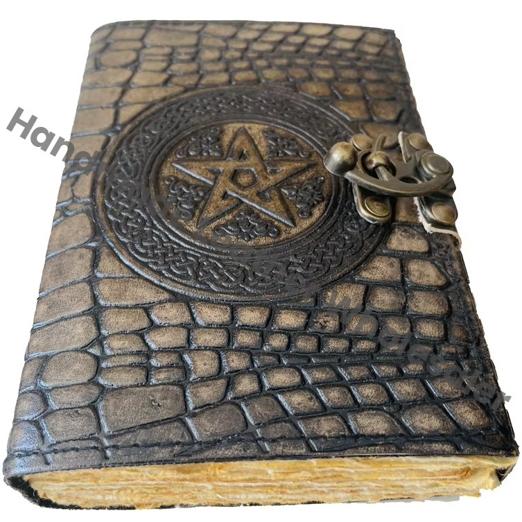 Leather Pentagram Women Vintage Book Shadows Magic Spell Wiccan Crocodile Print Deckle Old Pages Journal Celtic Blank Gift Paper